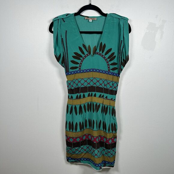 Mara Hoffman Teal Multicolor Silk Stripe Mini Dress Women's Size XS Boho Indie - Picture 1 of 8